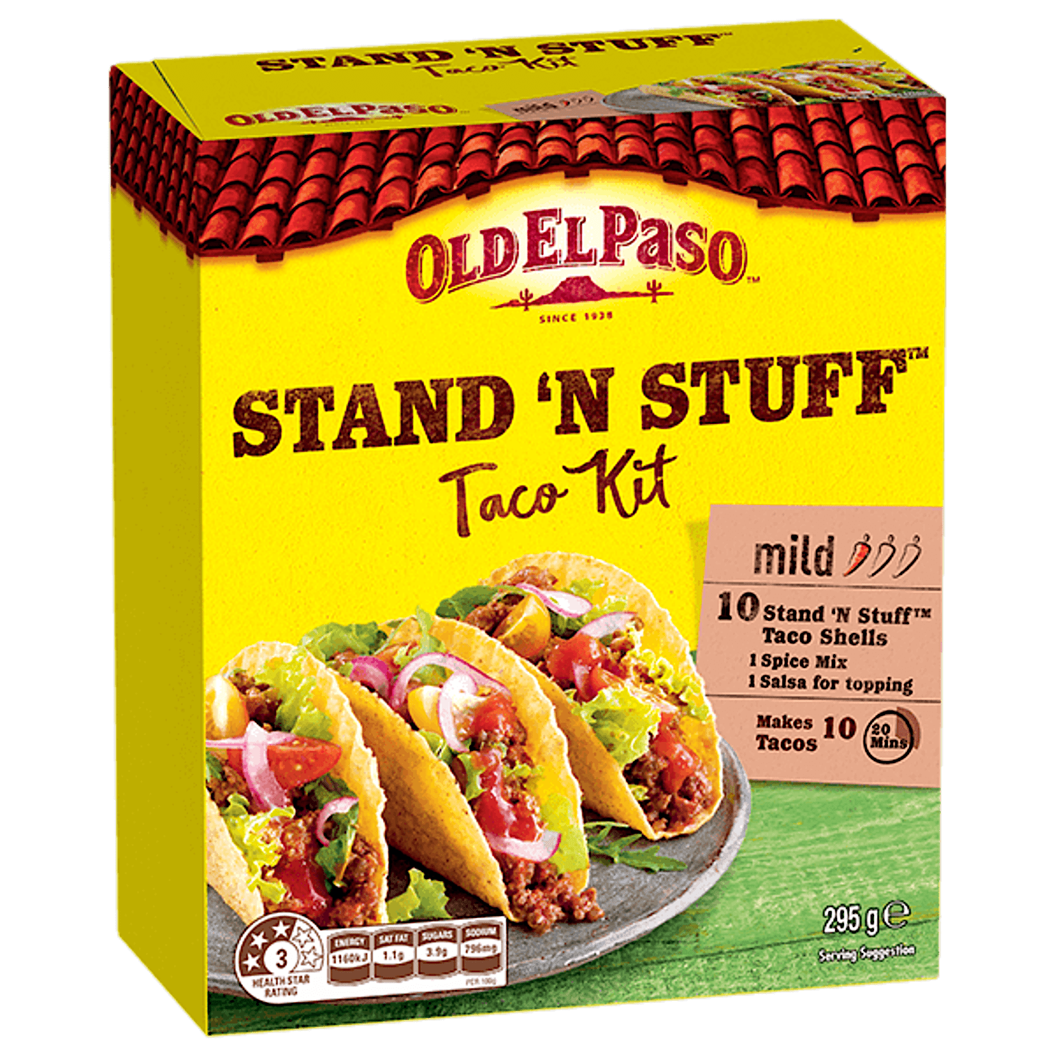 a pack of Old El Paso's stand n stuff taco kit mild containing mini taco shells, spice mix & salsa for topping (295g)